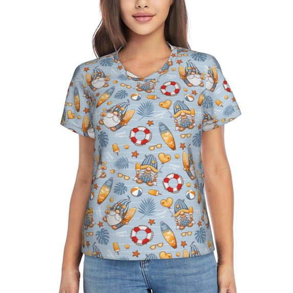 Vsdgher Summer Time With Gnome Women Shirts V Neck Short Sleeve Tops T-Shirt Basic Tees, S to 3XLSmall