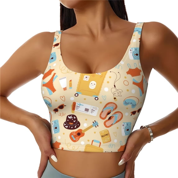 Vsdgher Summer Travel Print Women Sleeveless Athletic Tank Top Built-in Bra Camisole Sports Vest for Yoga Running Fitness Exercise with Removable Pads
