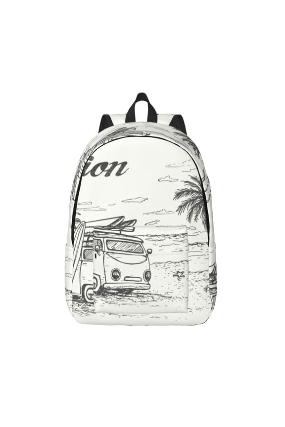 Summer Vacation Scene With Camping Van Print Canvas Backpack Travel Rucksack Unisex Knapsack 15.7/17.7Inch Laptop Backpack for Work,College -Medium