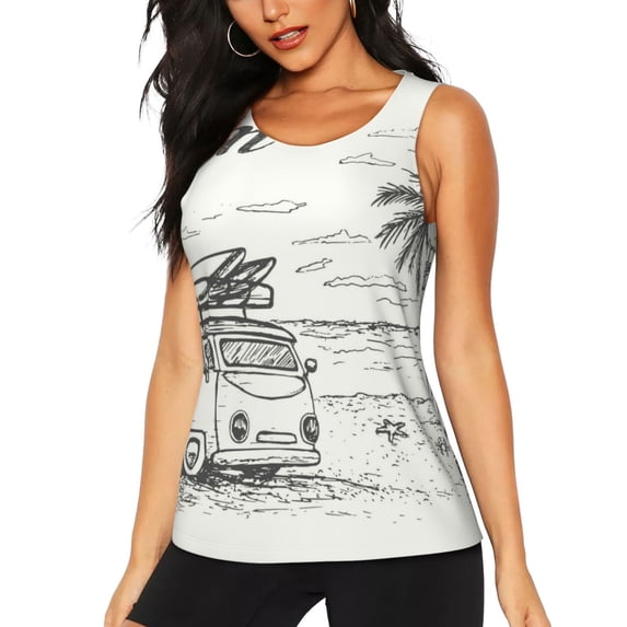 Vsdgher Summer Vacation Scene With Camping Van Print Tank Top Sports Vest Bra for Women Sports ,Performance Stretchy Quick Dry Sports Workout Running Top Vest with Removable Pads