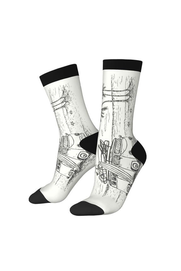 Summer Vacation Scene With Camping Van Crew Socks for Men & Women, Breathable Casual Athletic Ankle Socks