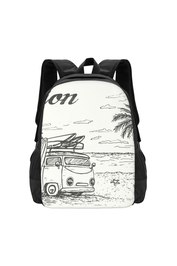 Summer Vacation Scene With Camping Van Print Backpack for Women Men School Bookbag with Laptop Compartment for College Work Travel, Simple Fashion Casual Daypack, Fit 15" Laptop