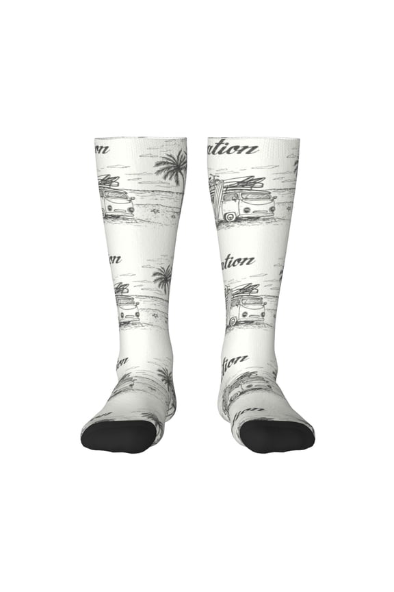 Summer Vacation Scene With Camping Van Print Thigh High Socks Extra Long Stretchy Sock Women Over Knee High Opaque Stocking Daily Wear