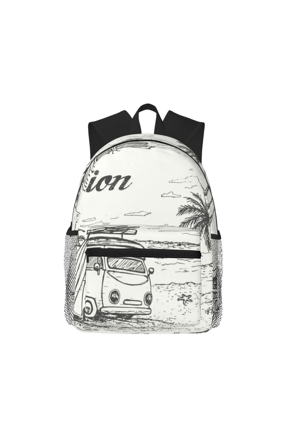 Summer Vacation Scene With Camping Van Print Unisex Large Capacity Bookbag Schoolbag Casual Daypack for High School/College/Teens/Travel/Work
