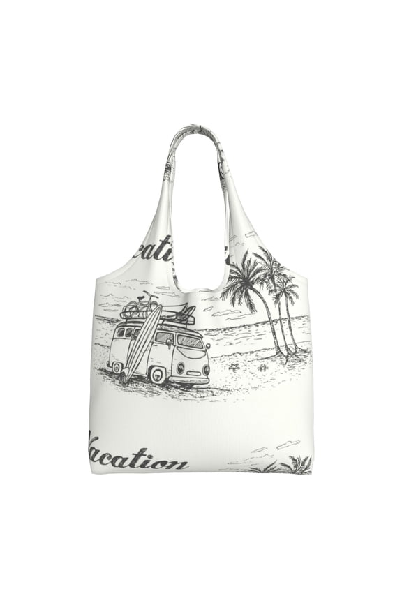 Summer Vacation Scene With Camping Van Print canvas Tote Bag, Lightweight Cloth Bags, Suitable for shopping, groceries, travel