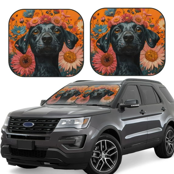 Vsdgher Sunflower Black Dog Print Car Windshield Sun Shade, Reflective Sunshade Window Sunshade Sun Visor Protector Fit for Cars,Trucks,SUVs-Medium