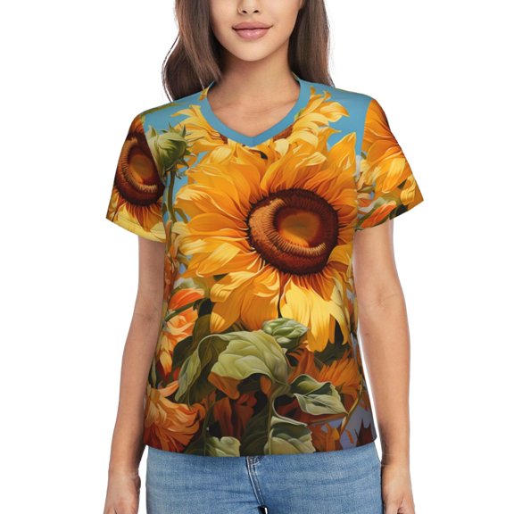 Vsdgher Sunflower Blue Sky Women Shirts V Neck Short Sleeve Tops T-Shirt Basic Tees, S to 3XLMedium