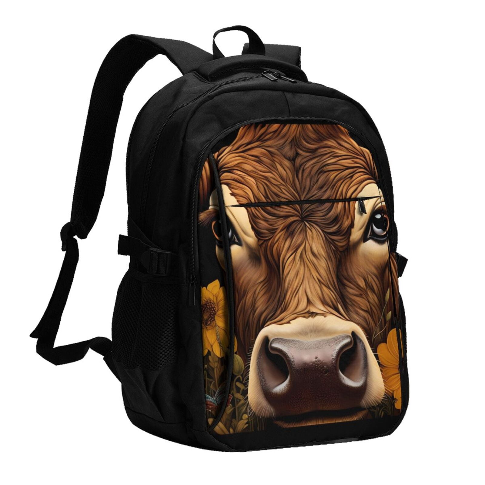 Vsdgher Sunflower Butterfly Cow Print Travel Laptop Backpack, Laptops Backpack with USB Charging Port, Water Resistant Computer Bag Gift for Men & Women