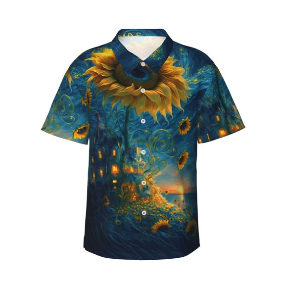 Vsdgher Sunflower Castle Starry Sky Print Men's Hawaiian Shirts Button Down Tropical Holiday Beach Shirts Vacation Clothes,X-Large