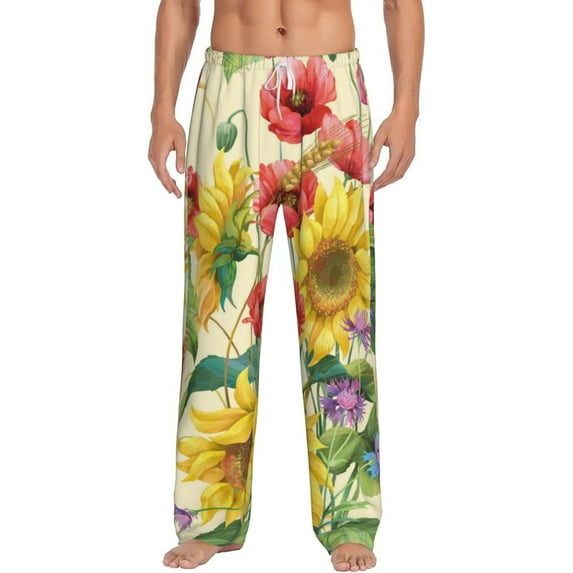 Vsdgher Sunflower Cornflower Poppy Print Mens Pajama Pants Sleep & Lounge Pants, PJ Bottoms With elastic waistb and Pockets