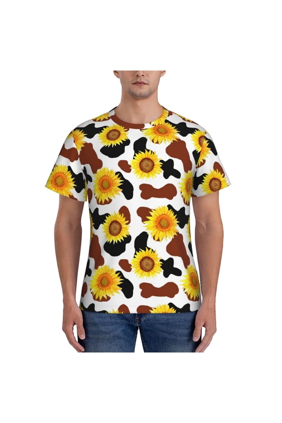 Sunflower Cow Print Men's Dry Fit Mesh Athletic Shirts Moisture Wicking Tennis T-Shirt Tops