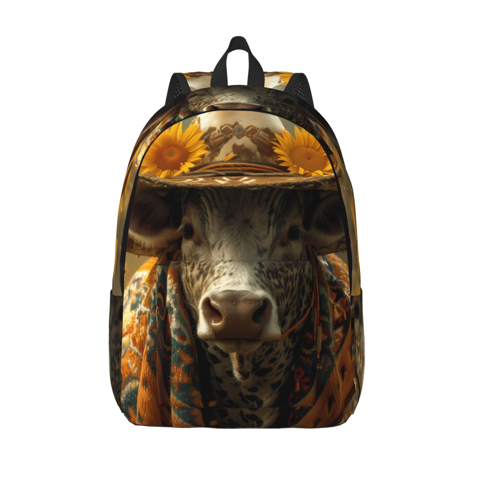 Vsdgher Sunflower Cowboy Hat Cow Print Canvas Backpack Travel Rucksack Unisex Knapsack 15.7/17.7Inch Laptop Backpack for Work,College -Small