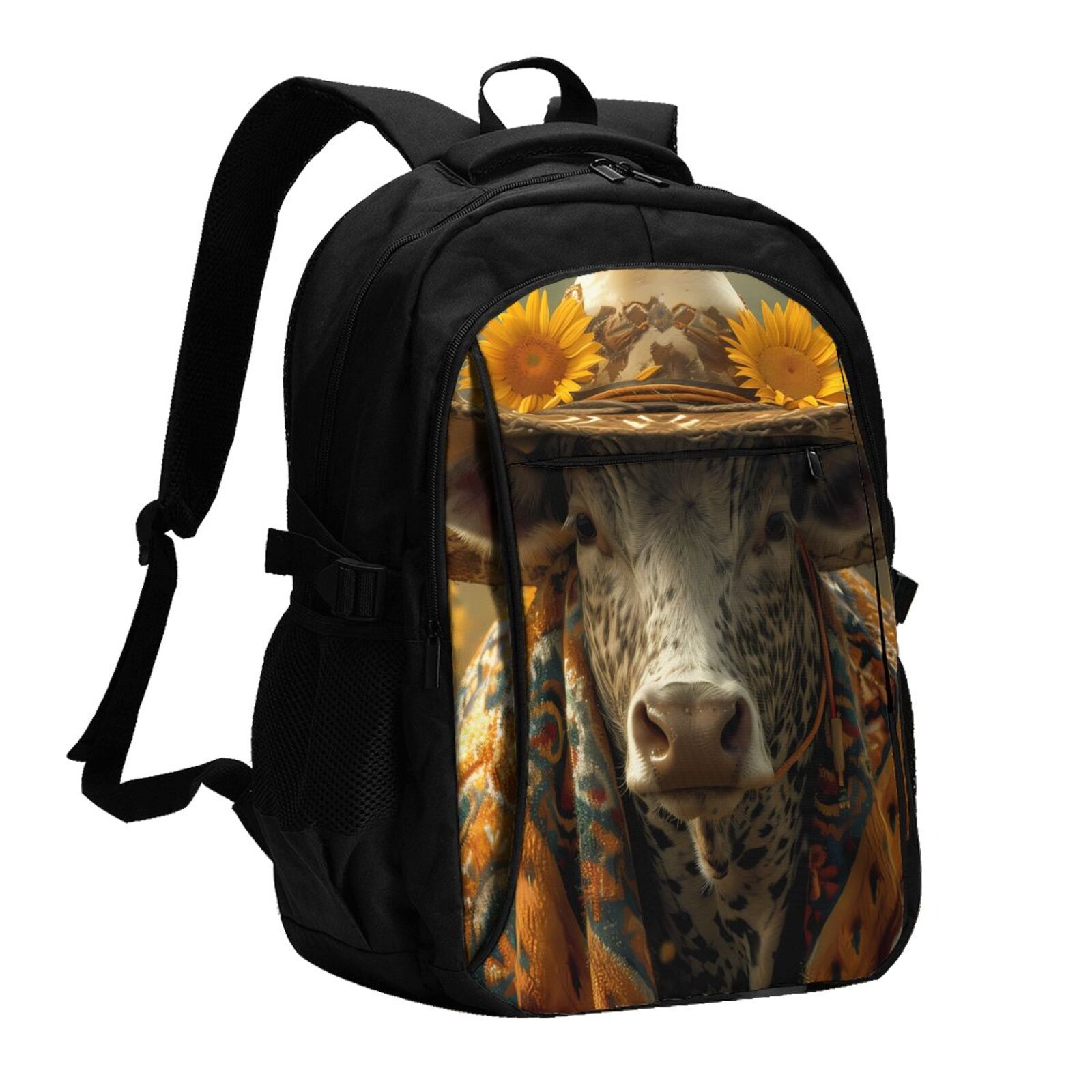 Vsdgher Sunflower Cowboy Hat Cow Print Travel Laptop Backpack, Laptops Backpack with USB Charging Port, Water Resistant Computer Bag Gift for Men & Women