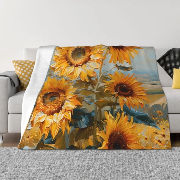 Vsdgher Sunflower Field Art Pattern Fleece Throw Blanket, Horizontal Fleece Bedding Home Decor for Couch & Bed All Season Use -60"x50"