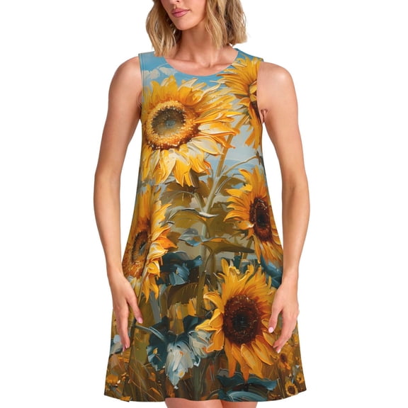 Vsdgher Sunflower Field Art Print Summer Dresses for Women Casual U Neck Beach Dress Sleeveless Tank Loose Sundress with Pocket -Small