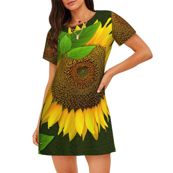 Vsdgher Sunflower Pattern Womens Short Sleeve Sleepshirt Scoopneck Cute Nightdress Ruffle Comfy Nightgown
