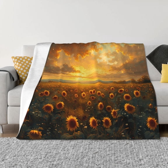 Vsdgher Sunflower Sunset Rainfall Pattern Fleece Throw Blanket, Horizontal Fleece Bedding Home Decor for Couch & Bed All Season Use -40"x30"