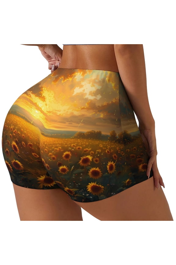 Sunflower Sunset Rainfall Workout Shorts for Women Seamless Soft Smooth Gym Yoga Scrunch Active Exercise Fitness Shorts-Large