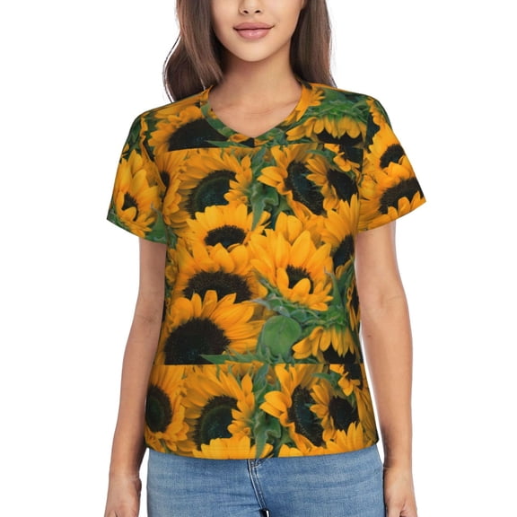 Vsdgher Sunflowers 7 Women Shirts V Neck Short Sleeve Tops T-Shirt Basic Tees, S to 3XLXX-Large