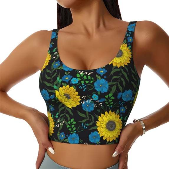 Vsdgher Sunflowers And Blue Flower Print Women Sleeveless Athletic Tank Top Built-in Bra Camisole Sports Vest for Yoga Running Fitness Exercise with Removable Pads