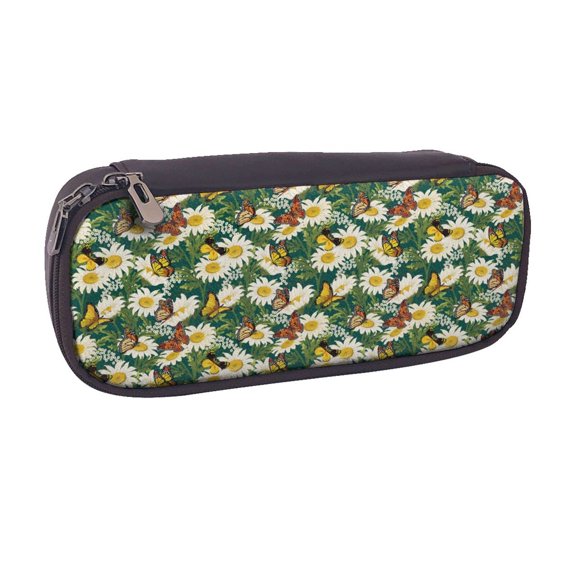 Vsdgher Sunflowers And Butterflies Print Pen Case Leather Pencil Pouch Markers Holder Big Capacity Bag with Zippered Pocket for Stationery Tool