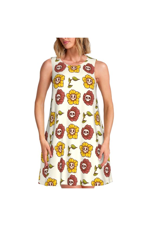 Sunflowers And Skull Print Summer Dresses for Women Casual U Neck Beach Dress Sleeveless Tank Loose Sundress with Pocket -Small