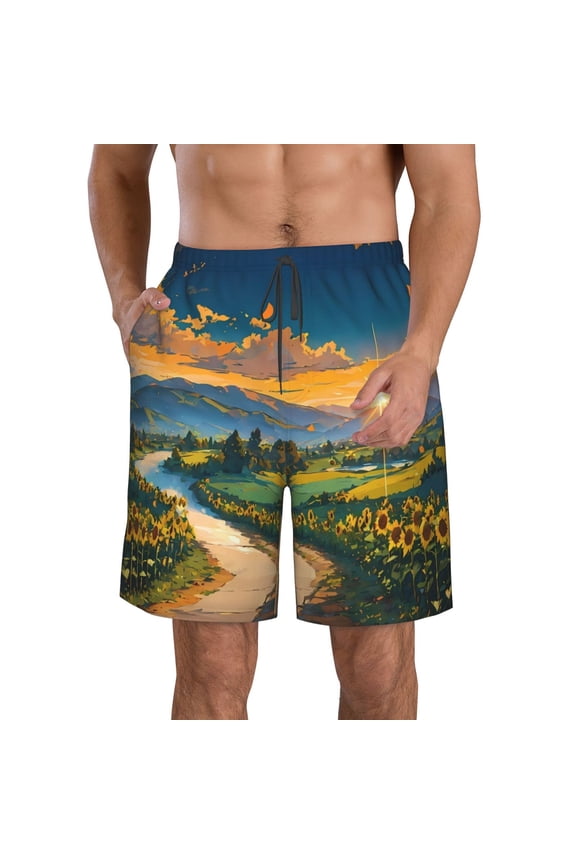 Sunflowers At Sunset Men's Beach Shorts, Surfing shorts, Swim trunks, Quick Dry Swim Trunks for Surfing Beach Fun -Large