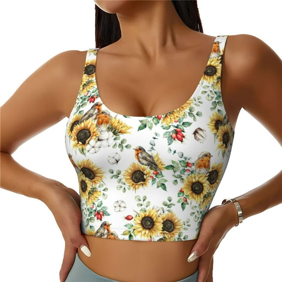 Vsdgher Sunflowers Leaves And Birds Print Women Sleeveless Athletic Tank Top Built-in Bra Camisole Sports Vest for Yoga Running Fitness Exercise with Removable Pads