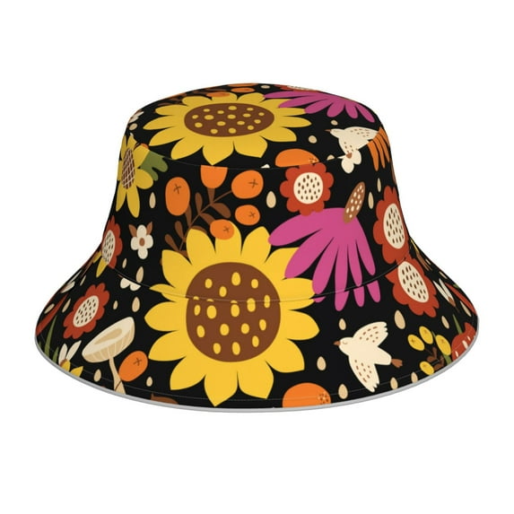 Vsdgher Sunflowers Mushrooms Print Bucket Hat for Men&Women Bucket Hat Reversible Summer Double-Side-Wear Travel Gardening, Beach, Camping, Hiking, Fishing Cap