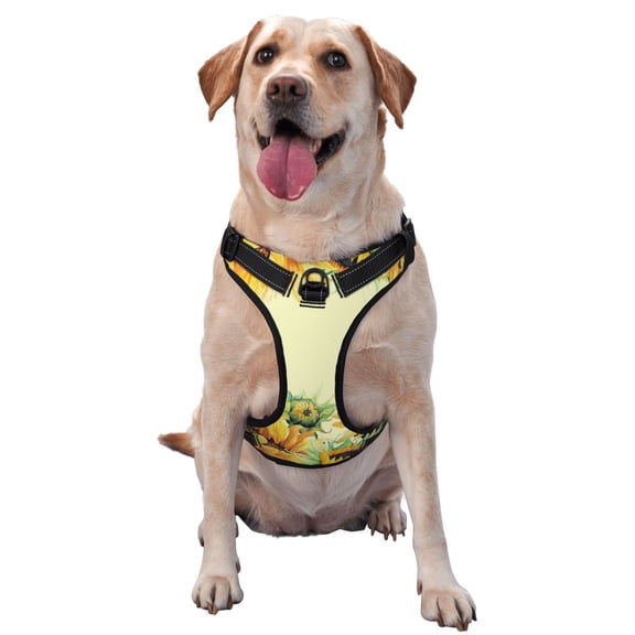 Vsdgher Sunflowers On A Yellow Background Pattern Dog Harness,No Pull Pet Harness with Soft Padded Handle,Adjustable Reflective Vest with 2 Buckles,4 Slide Buckles,S-XL Large