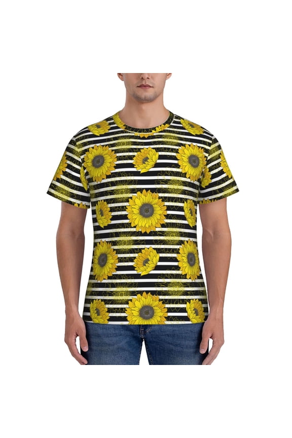 Sunflowers On Black And White Stripes Print Men's Dry Fit Mesh Athletic Shirts Moisture Wicking Tennis T-Shirt Tops