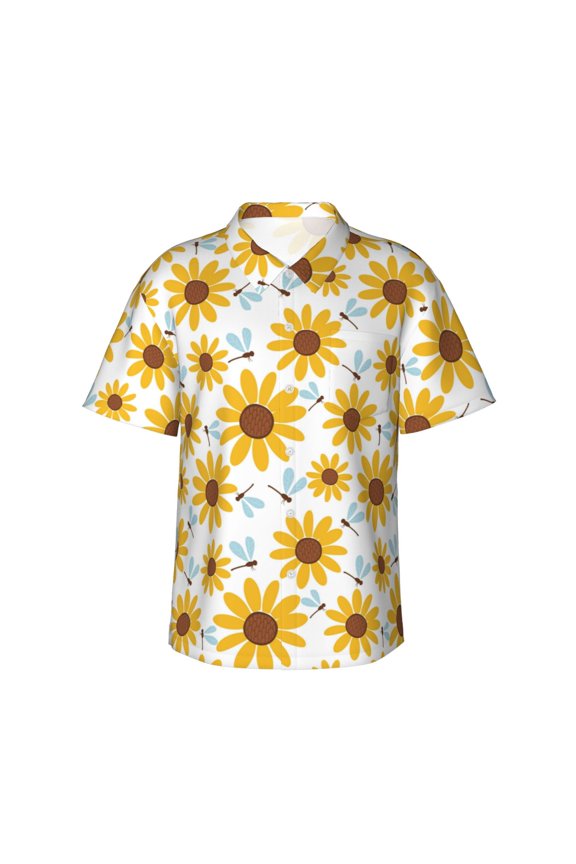 Sunflowers Print Men's Hawaiian Shirts Button Down Tropical Holiday Beach Shirts Vacation Clothes,Large
