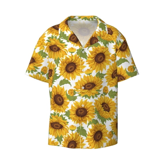 Vsdgher Sunflowers Print Men's Wrinkle Free Untucked Cuban Shirt Business Casual Button Down Shirts Short Sleeve Shirt