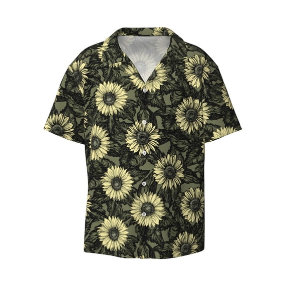 Vsdgher Sunflowers Print Men's Wrinkle Free Untucked Cuban Shirt Business Casual Button Down Shirts Short Sleeve Shirt