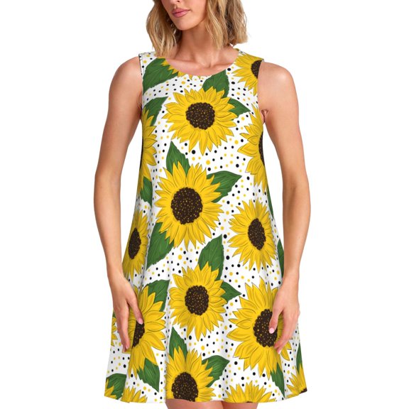 Vsdgher Sunflowers Print Summer Dresses for Women Casual U Neck Beach Dress Sleeveless Tank Loose Sundress with Pocket -3X-Large