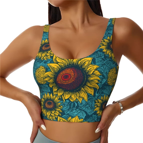Vsdgher Sunflowers Print Women Sleeveless Athletic Tank Top Built-in Bra Camisole Sports Vest for Yoga Running Fitness Exercise with Removable Pads