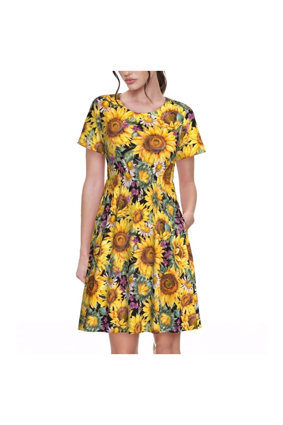 Sunflowers Vintage for Womens Summer 2025 Casual Midi Maxi Dresses Lightweight Short Sleeve Round Neck Beach Dress -XX-Large