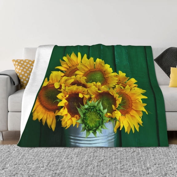 Vsdgher Sunflowers in Bucket Pattern Fleece Throw Blanket, Horizontal Fleece Bedding Home Decor for Couch & Bed All Season Use -50"x40"