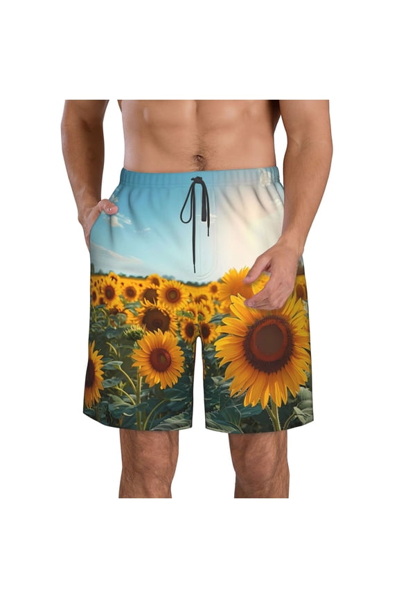 Sunlit Sunflower Field Men's Beach Shorts, Surfing shorts, Swim trunks, Quick Dry Swim Trunks for Surfing Beach Fun -Medium