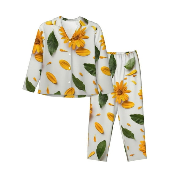 Vsdgher Sunny Yellow SunFlower Pajamas Set Long Sleeve Sleepwear Womens Button Down Nightwear Pj Sets-XX-Large