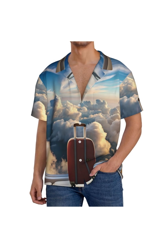 Sunset Airplane Travel View Men's Cuban Shirt, Hawaiian Shirts, Business Casual Button Down Shirts, Short Sleeve Shirt-3X-Large