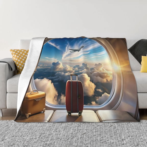 Vsdgher Sunset Airplane Travel View Pattern Fleece Throw Blanket, Horizontal Fleece Bedding Home Decor for Couch & Bed All Season Use -80"x60"