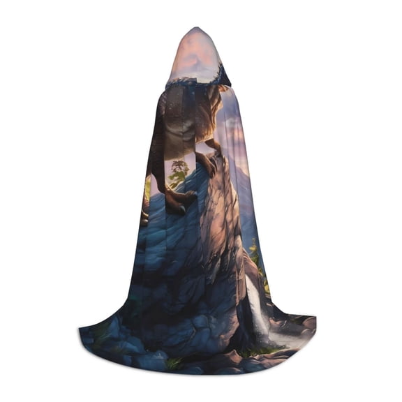Vsdgher Sunset Cliff Dinosaur Hooded Cloak, Teenagers Halloween Hoodies Robe Cosplay Capes, Halloween Hooded Cape Cosplay Costume-Large