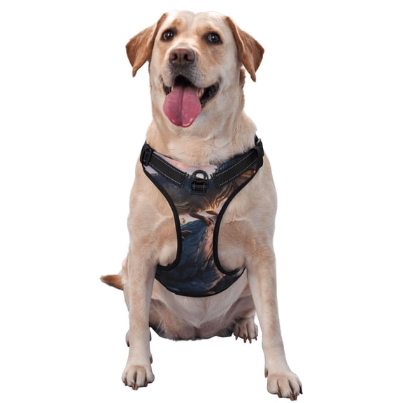 Vsdgher Sunset Cliff Dinosaur Pattern Dog Harness,No Pull Pet Harness with Soft Padded Handle,Adjustable Reflective Vest with 2 Buckles,4 Slide Buckles,S-XL Medium