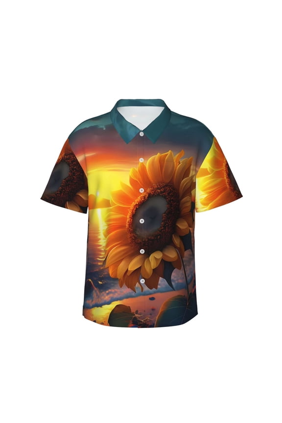 Sunset Coast Sunflower Print Men's Hawaiian Shirts Button Down Tropical Holiday Beach Shirts Vacation Clothes,XX-Large
