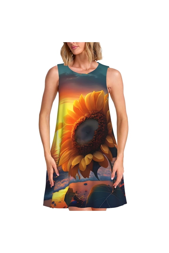 Sunset Coast Sunflower Print Summer Dresses for Women Casual U Neck Beach Dress Sleeveless Tank Loose Sundress with Pocket -Large