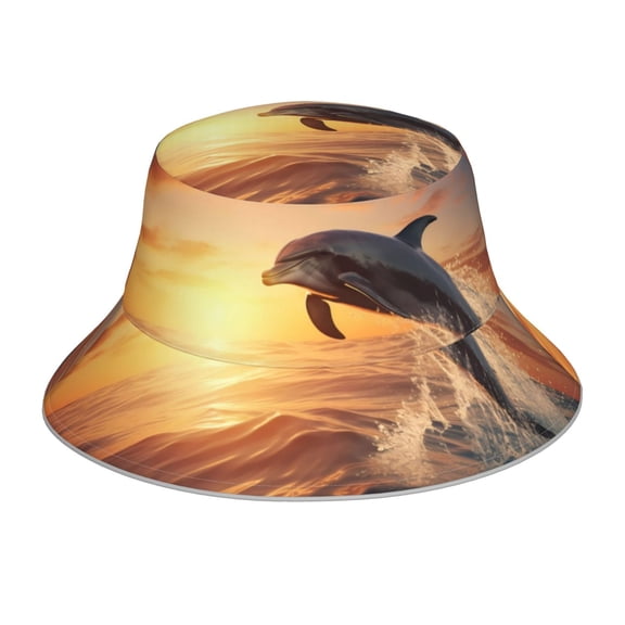 Vsdgher Sunset Dancing Dolphin A Print Bucket Hat for Men&Women Bucket Hat Reversible Summer Double-Side-Wear Travel Gardening, Beach, Camping, Hiking, Fishing Cap