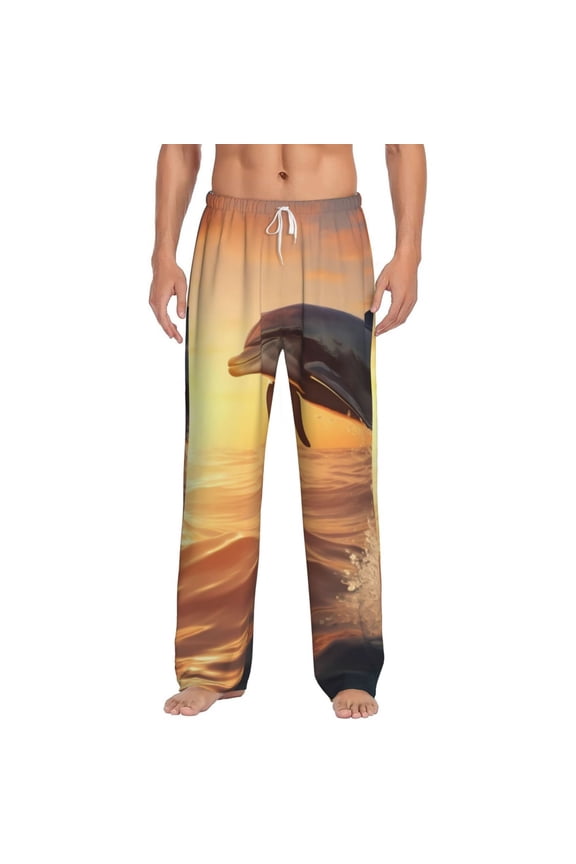 Sunset Dancing Dolphin A Print Mens Pajama Pants Sleep & Lounge Pants, PJ Bottoms With elastic waistb and Pockets