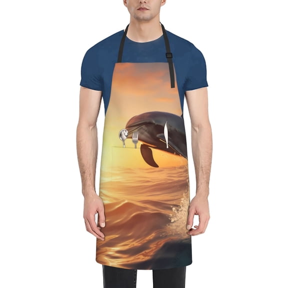 Vsdgher Sunset Dancing Dolphin A Waterproof Apron with 2 Pockets Kitchen Chef Aprons Bibs for Grooming Cooking Baking Painting Gardening
