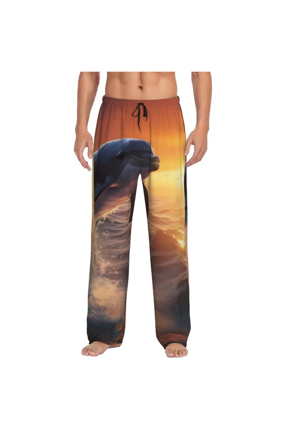 Sunset Dancing Dolphin Print Mens Pajama Pants Sleep & Lounge Pants, PJ Bottoms With elastic waistb and Pockets